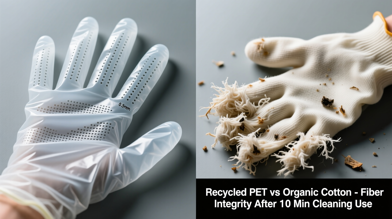 Side-by-side macro photography of recycled PET glove palm showing uniform micro-perforations versus organic cotton glove palm showing swollen, matted fibers after 10 minutes of simulated cleaning use