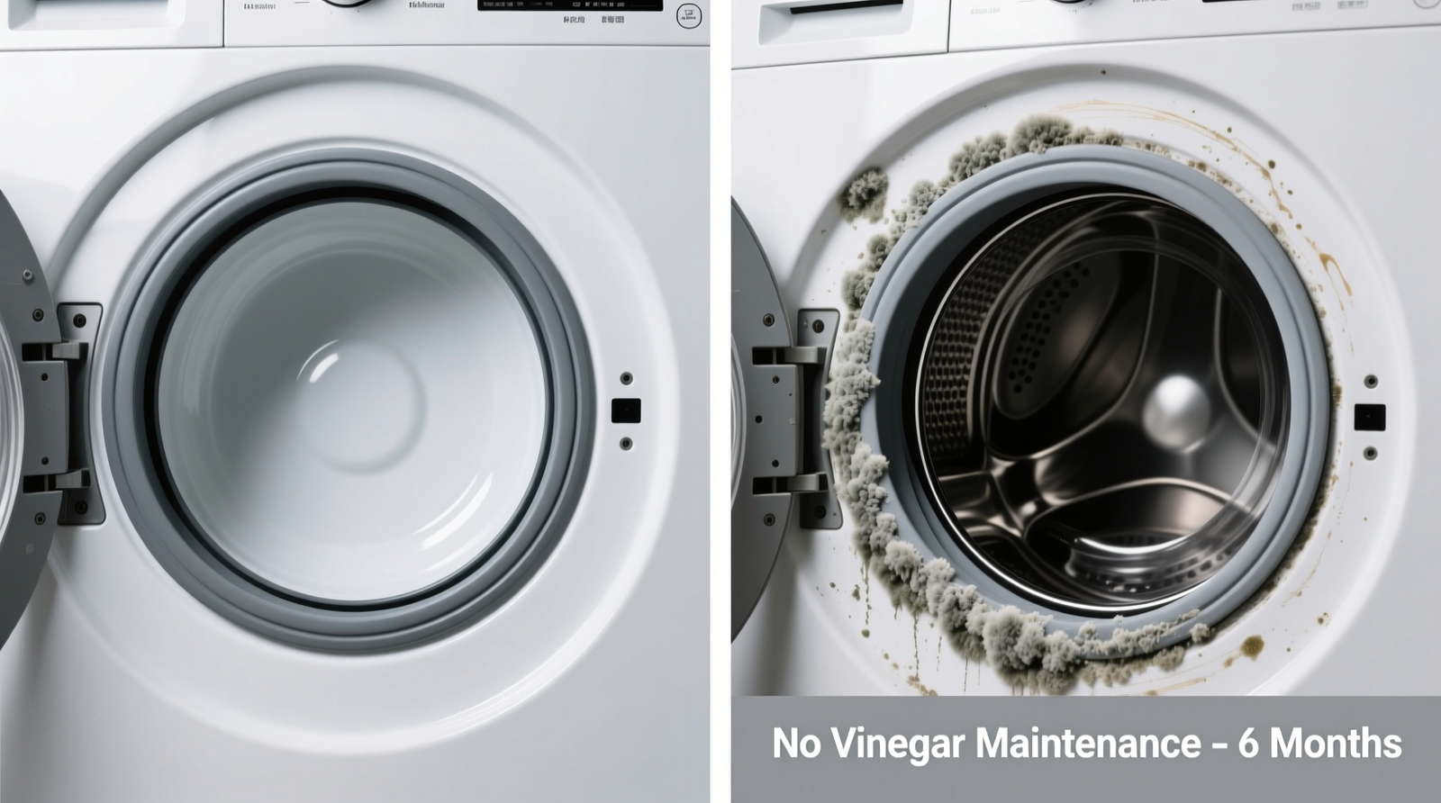 Side-by-side photos: left shows clean HE washer drum with visible rubber gasket free of black mold; right shows same model after 6 months without vinegar, with gray biofilm buildup along seal edge and detergent residue streaks inside drum