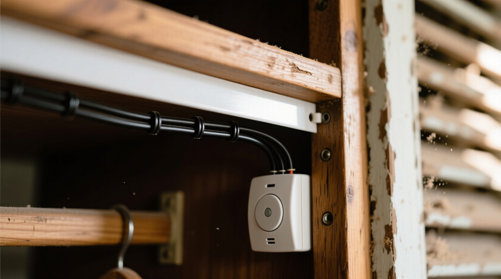 Close-up photo showing flat white adhesive cord cover mounted flush along the top interior edge of a wooden closet frame, with black 12V wiring neatly routed inside and terminating invisibly beneath a matte-white motion sensor housing