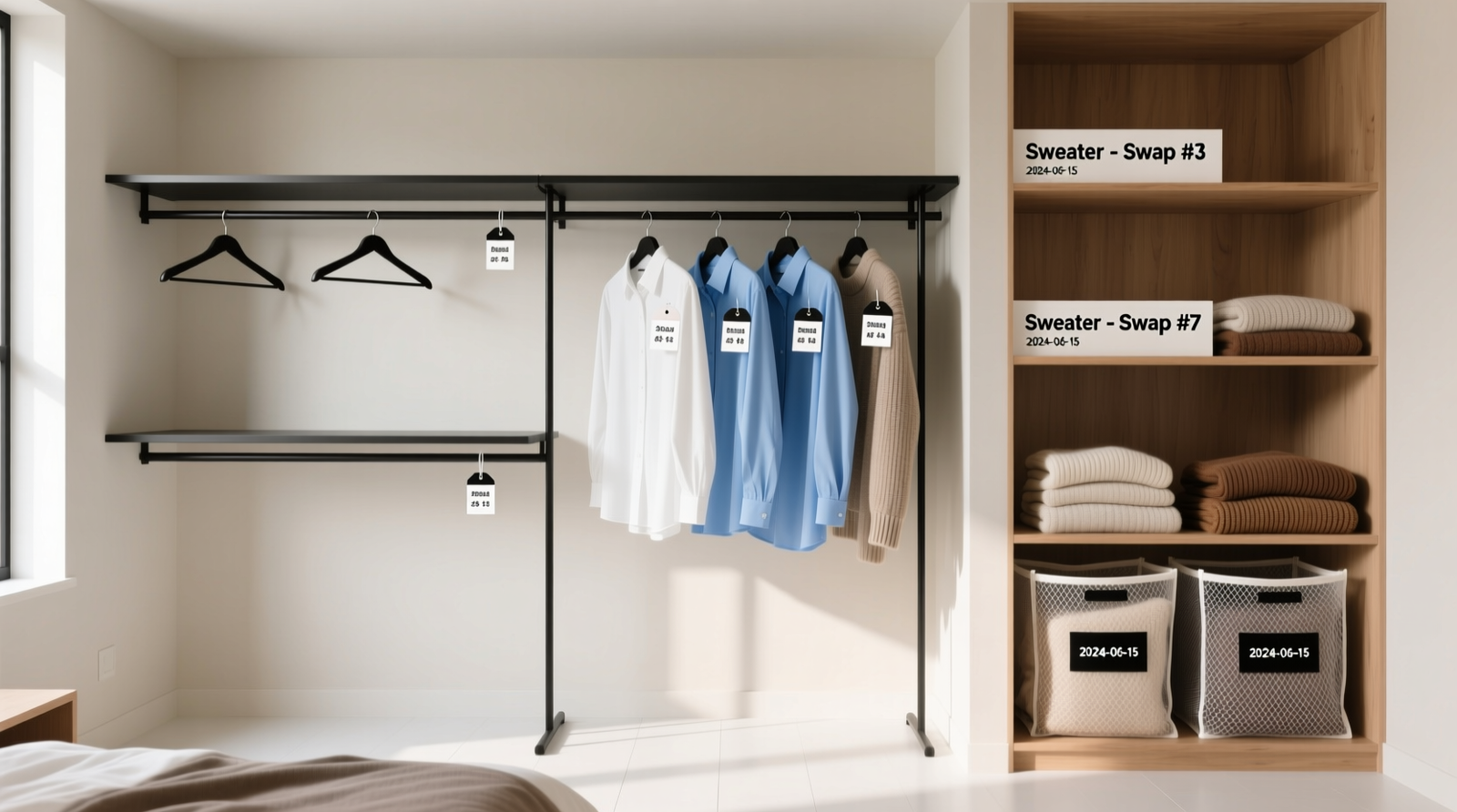 A split closet interior: left side shows folded linen and silk garments in acid-free tissue inside labeled cedar-lined drawers; right side displays slim, uniform plastic hangers holding brightly colored fast fashion tops with small red date tags visible
