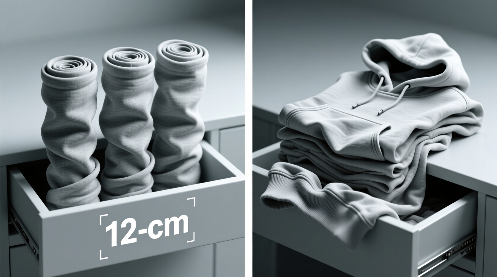 Side-by-side comparison: left shows three vertically rolled oversized hoodies standing upright in a shallow 12-cm-deep drawer with labeled dimensions; right shows same hoodies flattened and stacked, spilling over drawer lip and visibly distorting at shoulders and hems
