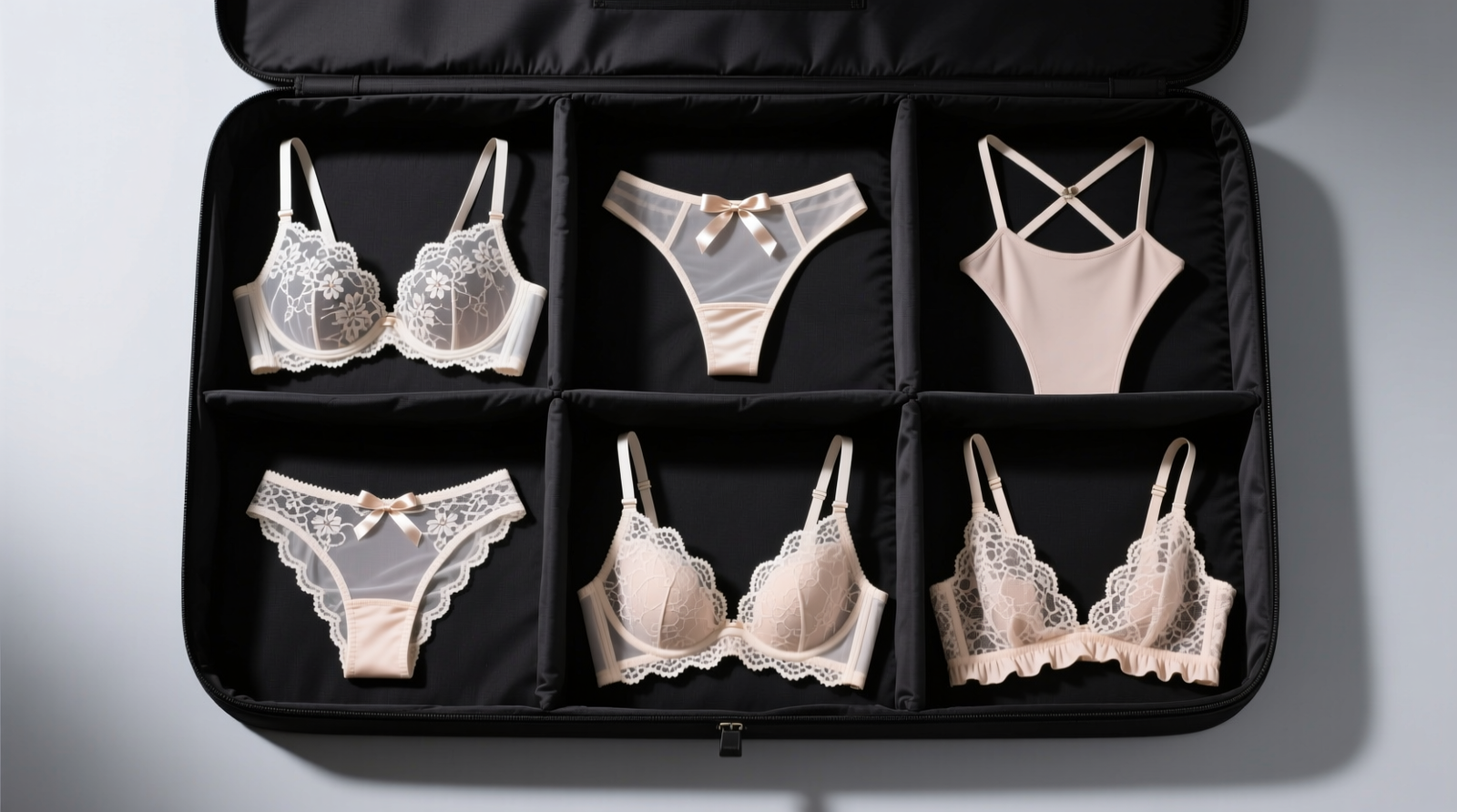 A neatly organized drawer showing three labeled shoeboxes, each lined with kraft paper and containing folded cotton-wrapped lace bras and panties—no visible elastic, hooks, or lace edges exposed