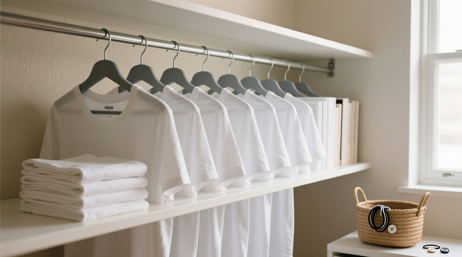 A narrow closet shelf showing neatly folded t-shirts standing upright like books, with matching slim hangers holding shirts in consistent orientation—no labels, no bins, no visible clutter. One small woven basket holds hair ties and spare buttons.
