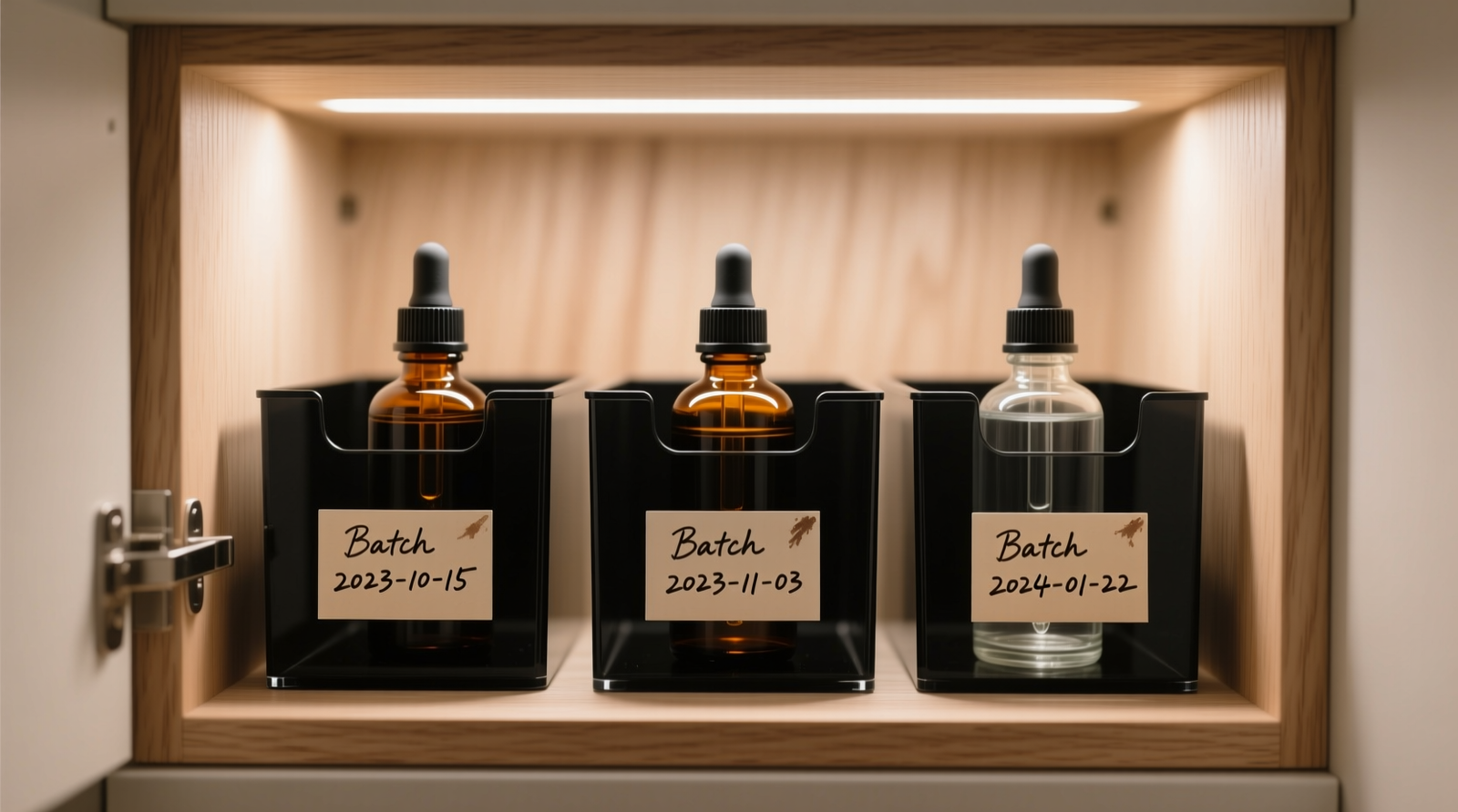 A minimalist closet interior showing three labeled, matte-black acrylic bins stacked inside a shallow, insulated wooden cabinet; each bin holds upright glass bottles with amber dropper caps and handwritten batch-date tags visible on front labels