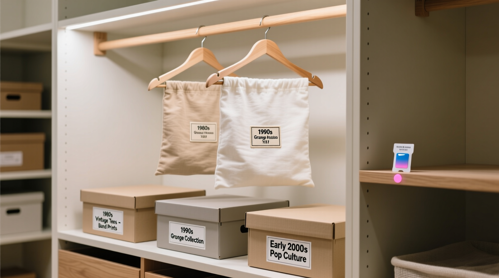 A labeled, minimalist closet section showing flat archival boxes for vintage tees on lower shelves, breathable cotton garment bags hanging on wooden hangers above, and a small silica gel indicator card visible beside them