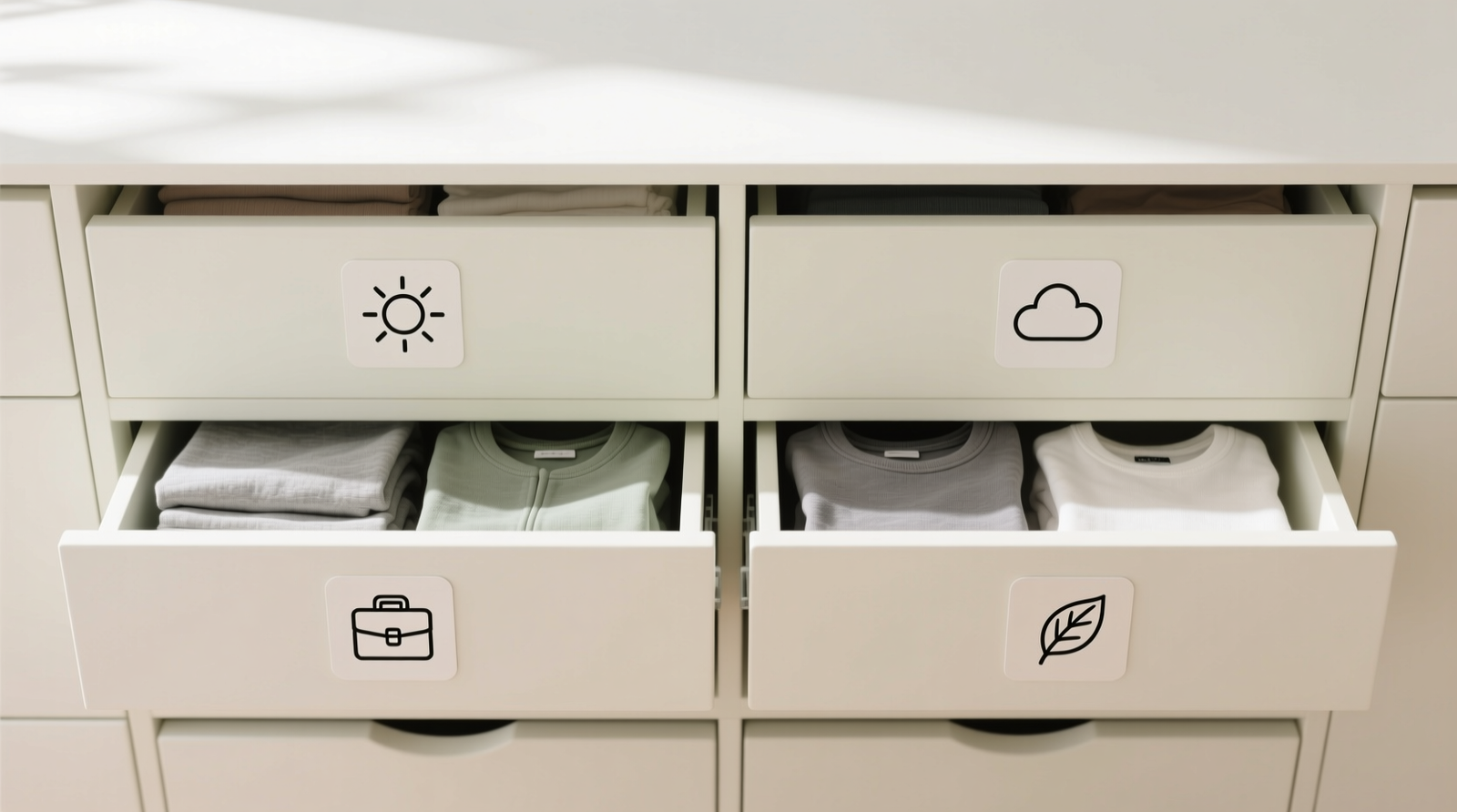 Top-down photo of four shallow dresser drawers: labeled with minimalist icons (sun for layers, cloud for sleepwear, briefcase for work tops, leaf for everyday tees); each drawer shows vertical folding, consistent fabric texture, and intentional negative space