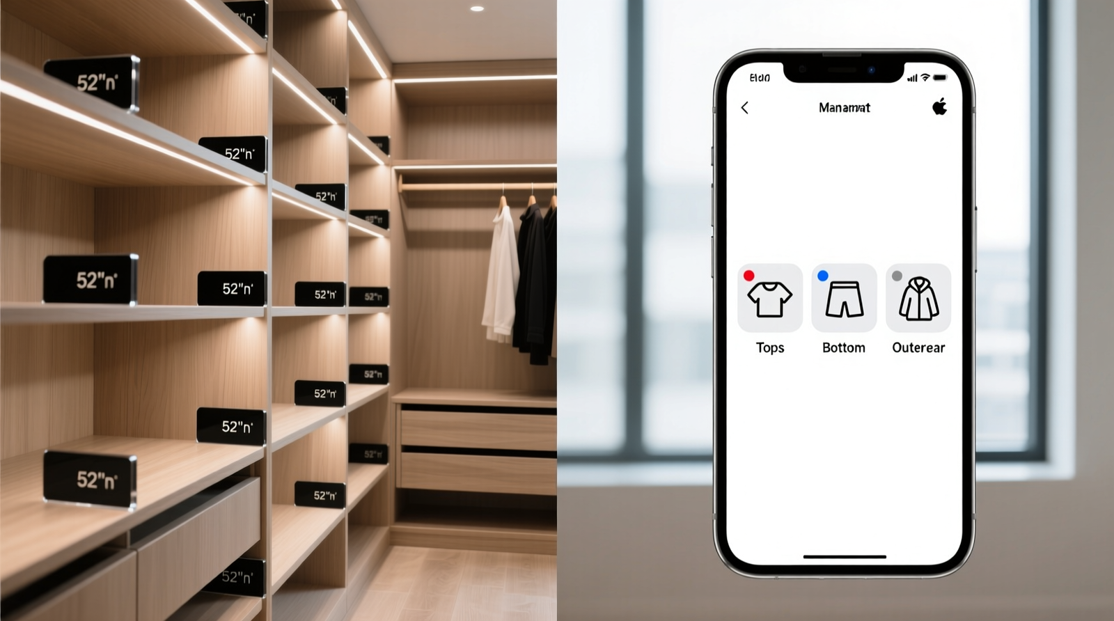 Side-by-side comparison: left shows a closet with uniformly placed matte-black acrylic labels at 52-inch height on each shelf edge; right shows a smartphone screen displaying a minimalist closet app interface showing only icons for categories 'Tops', 'Bottoms', 'Outerwear' with color-coded dots