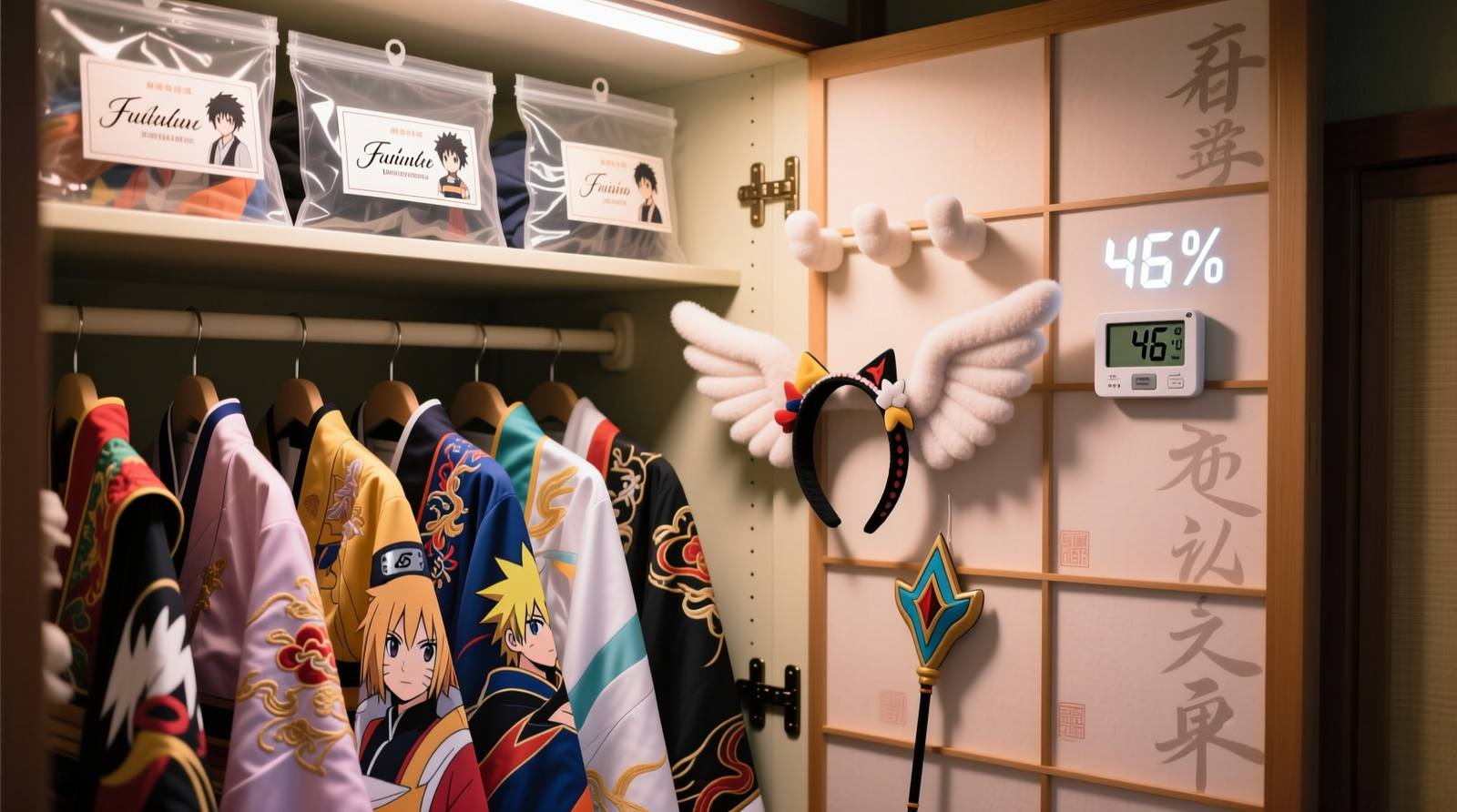 A well-organized closet section showing three vertical garment bags with clear front panels, each containing a full anime outfit; one bag features a wig mounted upright on a white styrofoam head inside a cotton sleeve, another displays accessories in a labeled, modular acrylic tray, and the third shows a layered haori hung on a padded hanger with shoulder reinforcement.