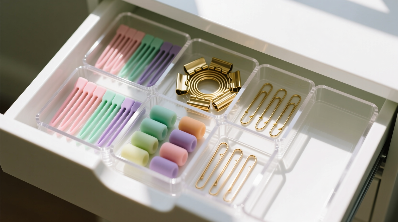 Overhead photo of a white shallow drawer containing five modular acrylic trays: one with pastel bobby pins sorted by length, one with gold micro-clips in concentric circles, one with silicone grips grouped by size, one with U-pins aligned parallel, and one empty for future additions—all under soft natural light