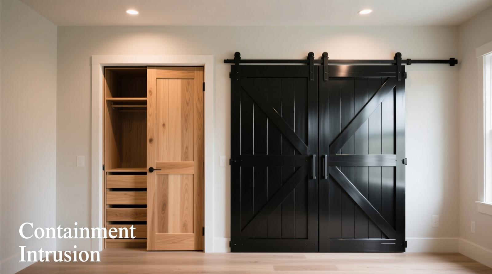 Side-by-side comparison: a light oak bi fold door fully folded into a narrow closet jamb next to a black metal sliding barn door extending 18 inches beyond the same opening, highlighting spatial intrusion versus containment