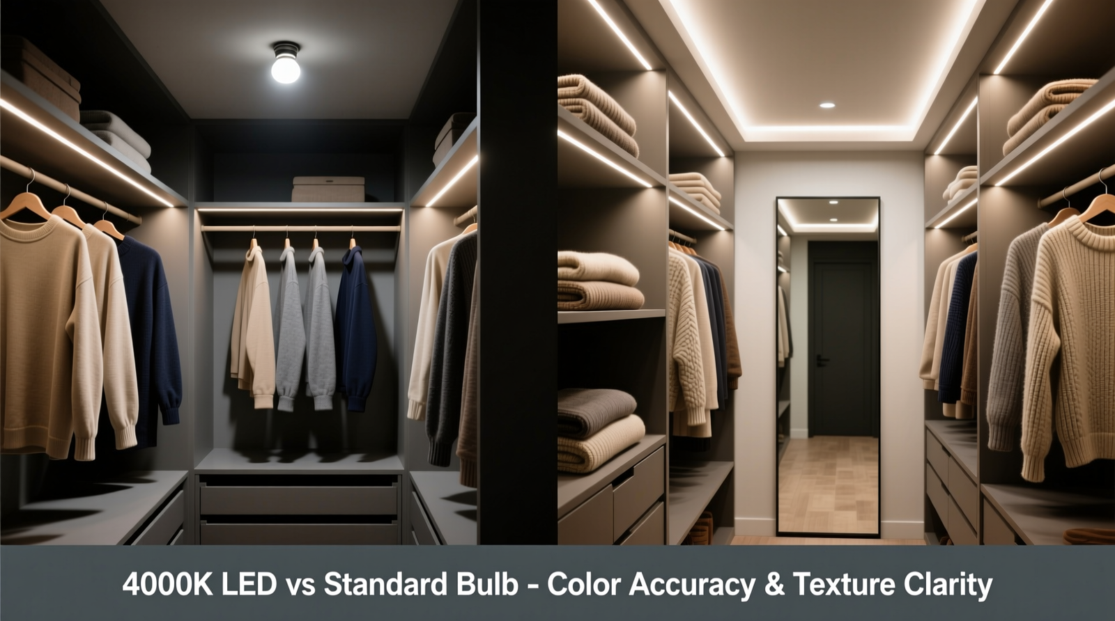 Side-by-side comparison of a walk-in closet lit by standard ceiling bulb versus integrated 4000K LED strips: left shows washed-out colors and harsh shadows on garments; right shows even, neutral-toned illumination revealing fabric weave, true hue, and subtle wear