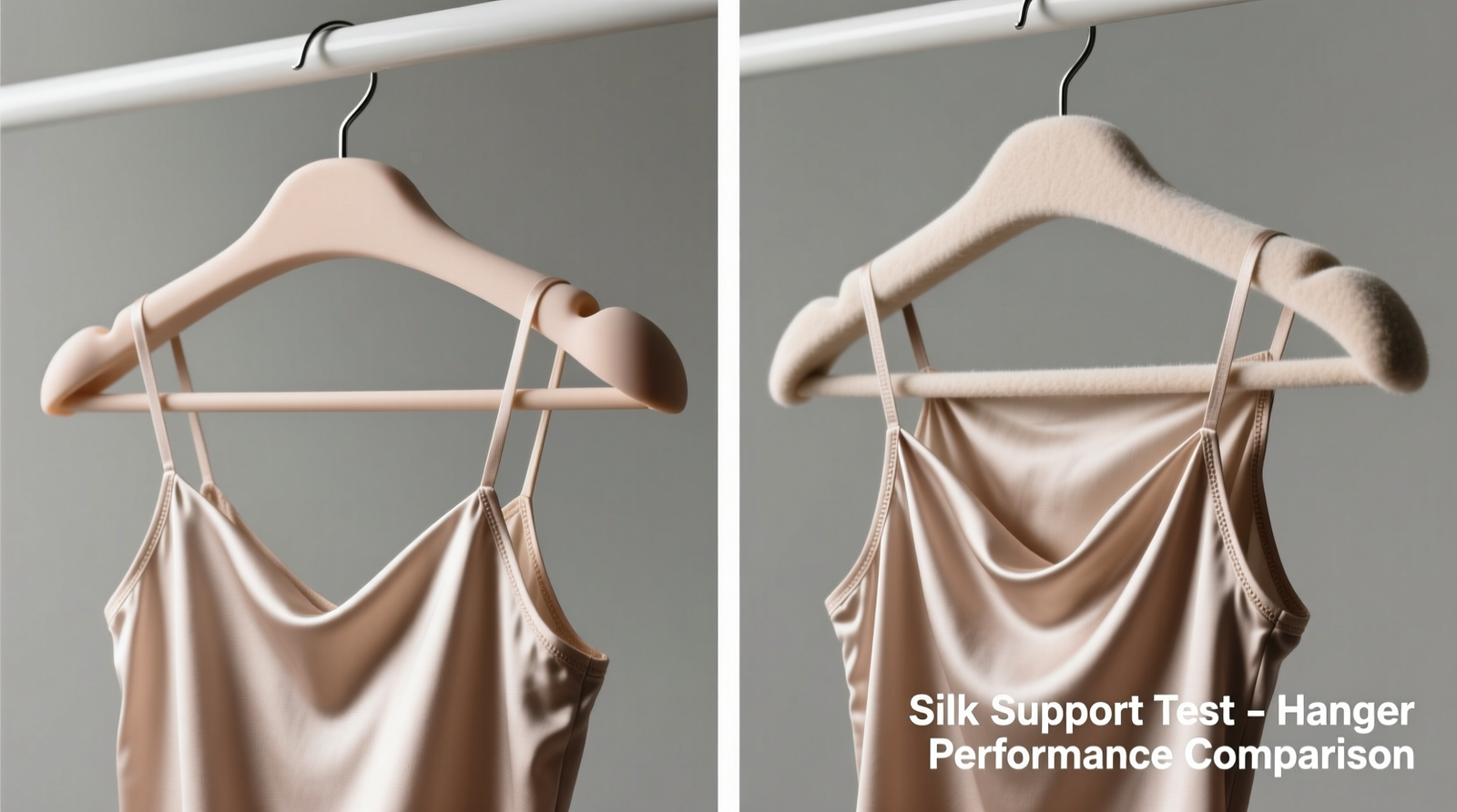 Side-by-side macro photography showing a silk camisole securely seated on a contoured silicone grip hanger versus the same garment slipping diagonally off a flattened felt-padded hanger, both under identical lighting and angle