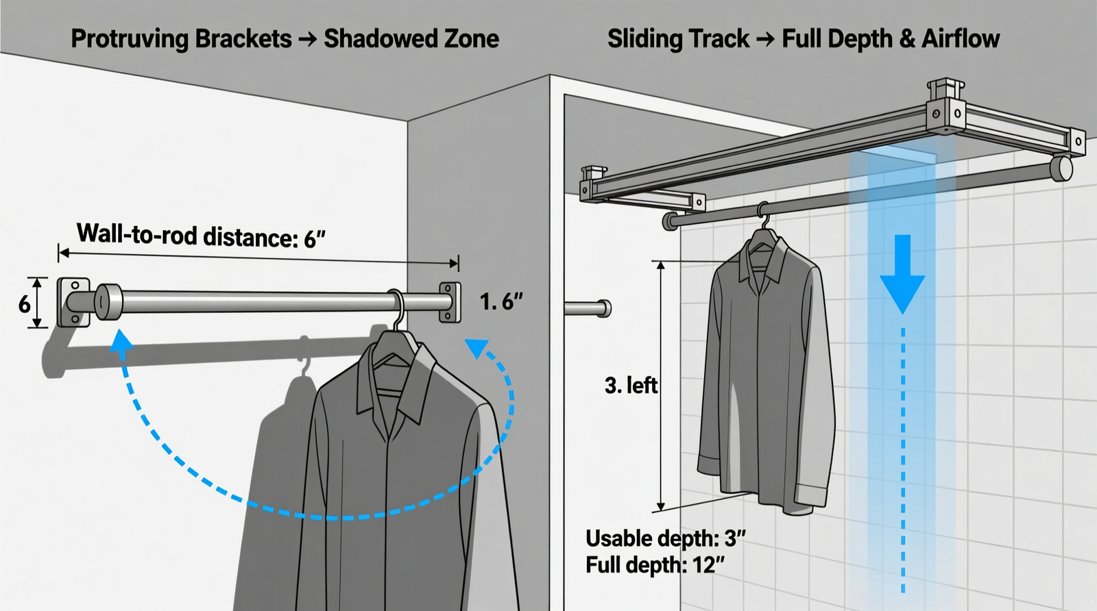 Side-by-side diagram showing a standard wall-mounted closet rod with protruding brackets and shadowed unusable depth versus a ceiling-mounted sliding track system with garments hanging vertically in full 12-inch depth, labeled with precise measurements and airflow arrows