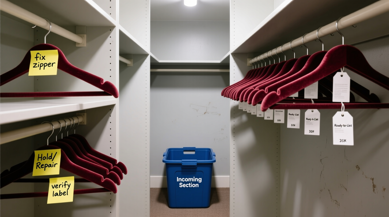 A narrow reach-in closet divided into three clearly labeled vertical sections: Incoming (blue bin on floor), Ready-to-List (uniform velvet hangers with white price tags facing forward), and Hold/Repair (burgundy hangers with yellow sticky notes indicating 'fix zipper' and 'verify label')