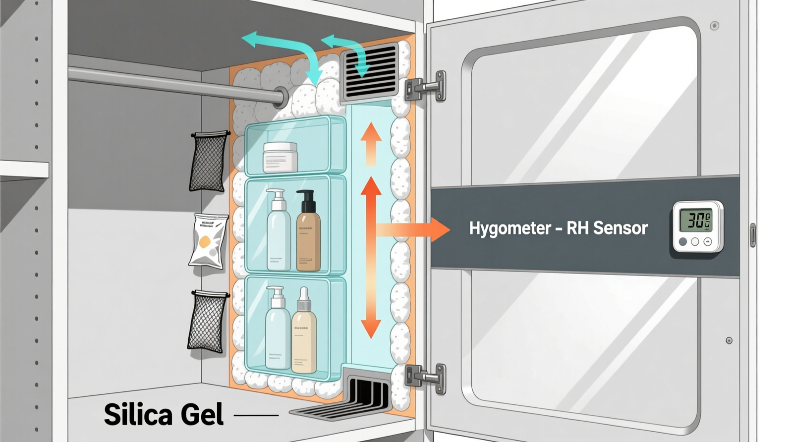 Cross-section diagram showing an insulated closet cabinet with labeled airflow path, silica gel placement, hygrometer location, and thermal buffer zone around skincare bottles