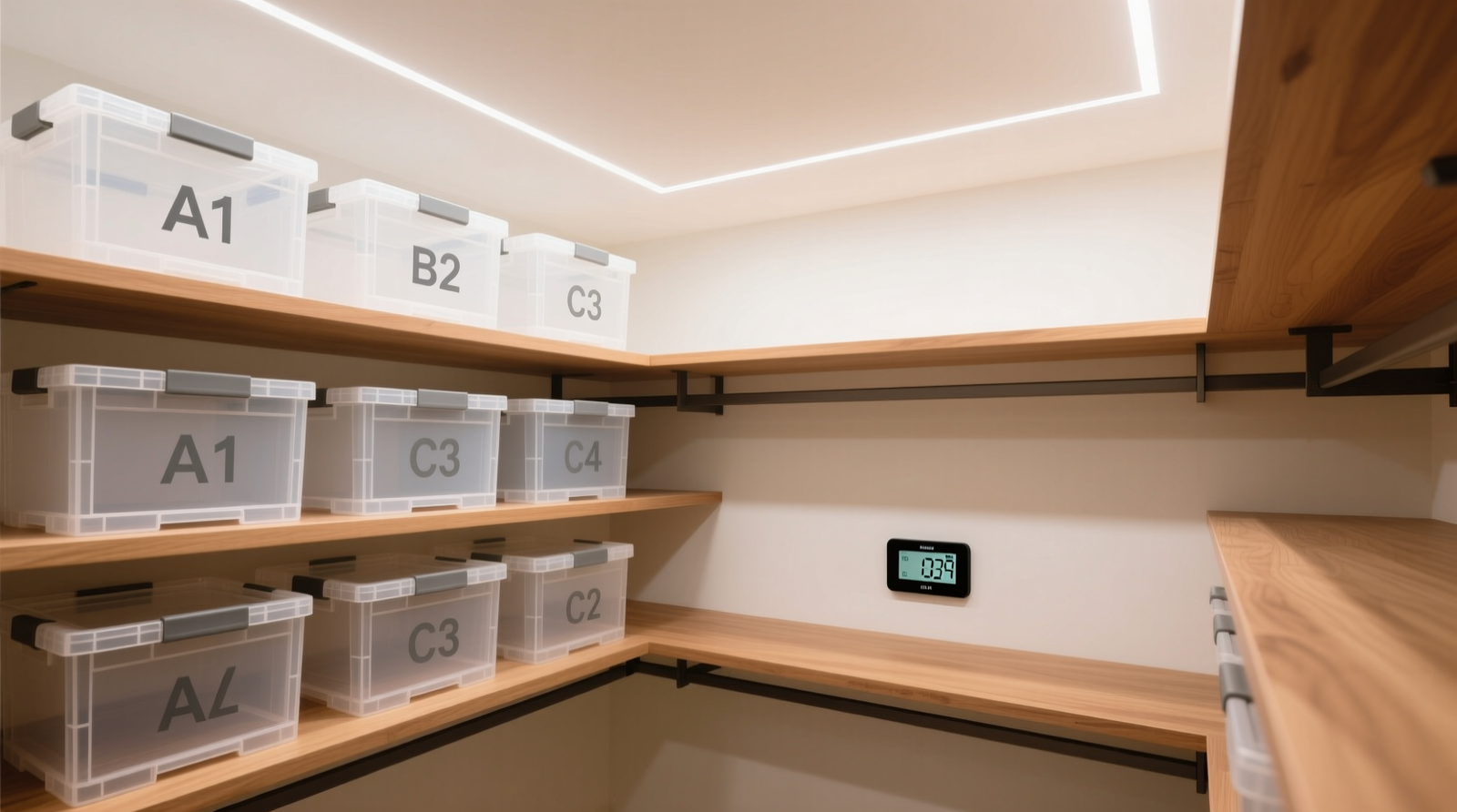 A minimalist closet showing labeled clear bins for apparel, staggered acrylic shelves holding anime figures with consistent spacing, and a low-profile rack holding folded cosplay jackets—no visible dust, no overlapping items, all labels facing forward