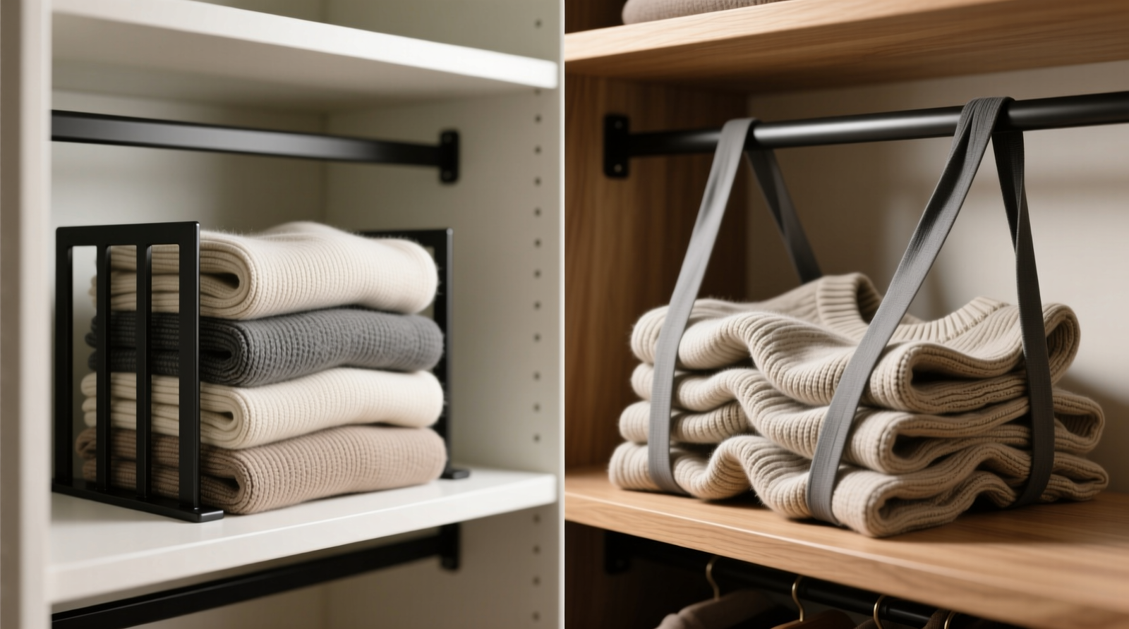 Side-by-side comparison: left shows neatly aligned folded sweaters held upright by matte-black metal shelf dividers on a white oak closet shelf; right shows same sweaters partially collapsed beneath sagging gray elastic straps anchored to shelf edges