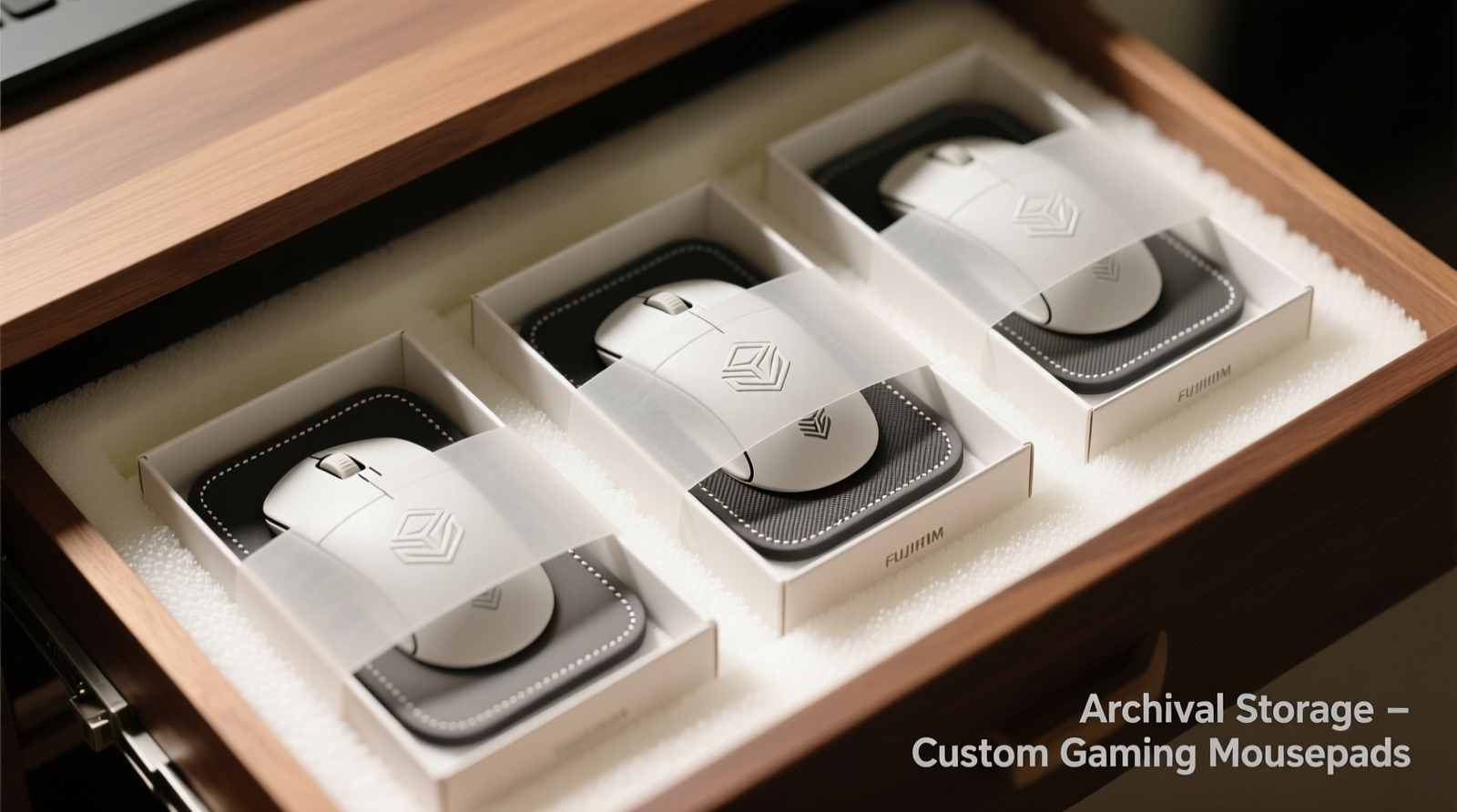 A narrow 12-inch-deep closet slot containing five gaming mousepads stored vertically on a slim foam-core board, each pad clearly labeled and fully visible, with 1/8-inch gaps between them