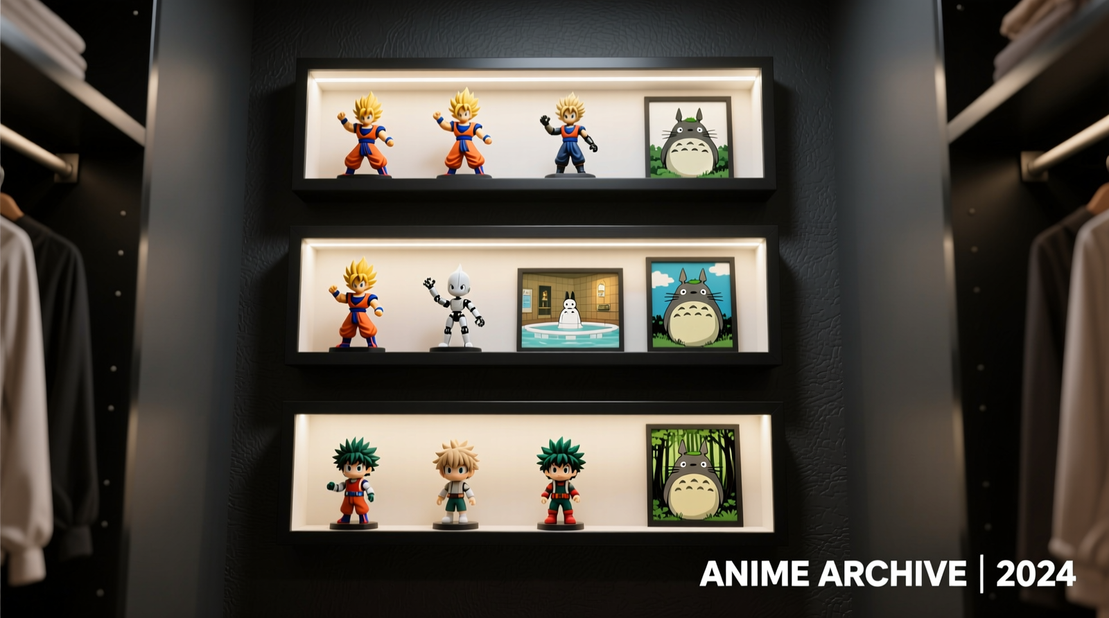 A 16-inch-deep closet transformed into an anime merch gallery: three staggered wall-mounted shelves hold recessed shadowboxes containing Dragon Ball Z figurines, My Hero Academia Nendoroids, and Studio Ghibli art prints—all lit by warm-white LED strips, with clean sightlines and zero visible clutter.
