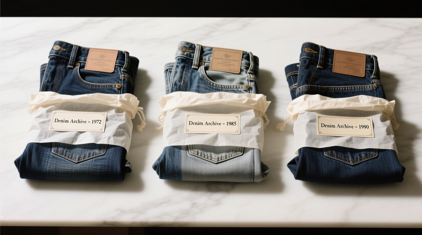 Three vintage denim jeans laid flat on a clean surface, each carefully rolled with acid-free tissue visible at the ends, placed inside unbleached cotton garment bags labeled with archival ink