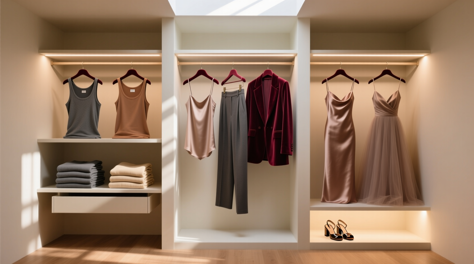 A minimalist walk-in closet showing three clearly defined vertical zones: left—folded organic cotton leggings and tanks in charcoal, taupe, and oat bins; center—hanging silk camisoles, tailored trousers, and lightweight blazers on uniform velvet hangers; right—two event-ready dresses and a pair of block-heel sandals on a lit lower shelf, all arranged by tonal harmony rather than occasion