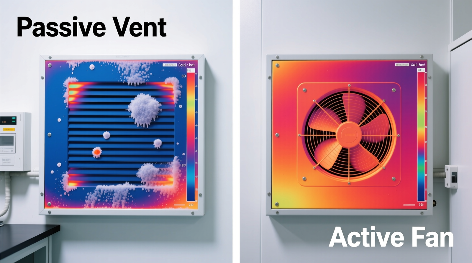 Side-by-side infrared thermography images showing surface temperature differentials: left side shows cold spots and condensation forming behind passive vent panel; right side shows uniform, warmer surface temps with active fan installed and operating