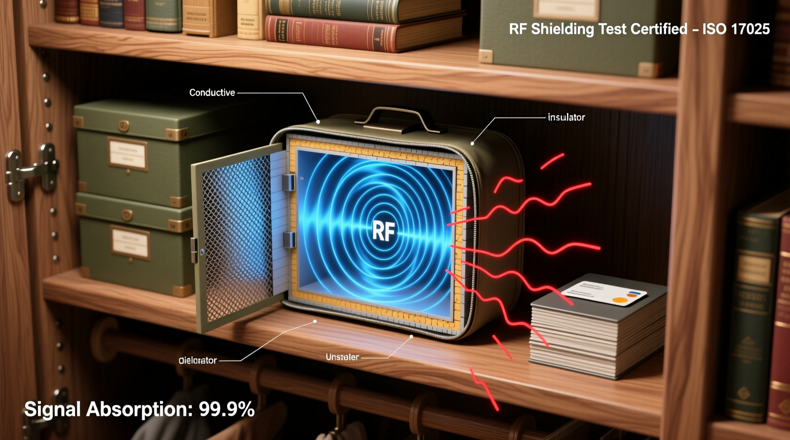 Cross-section diagram showing a certified Faraday pouch inside a cedar-lined closet shelf, with RF wave visualization indicating complete signal absorption versus scattered waves around an unshielded card stack