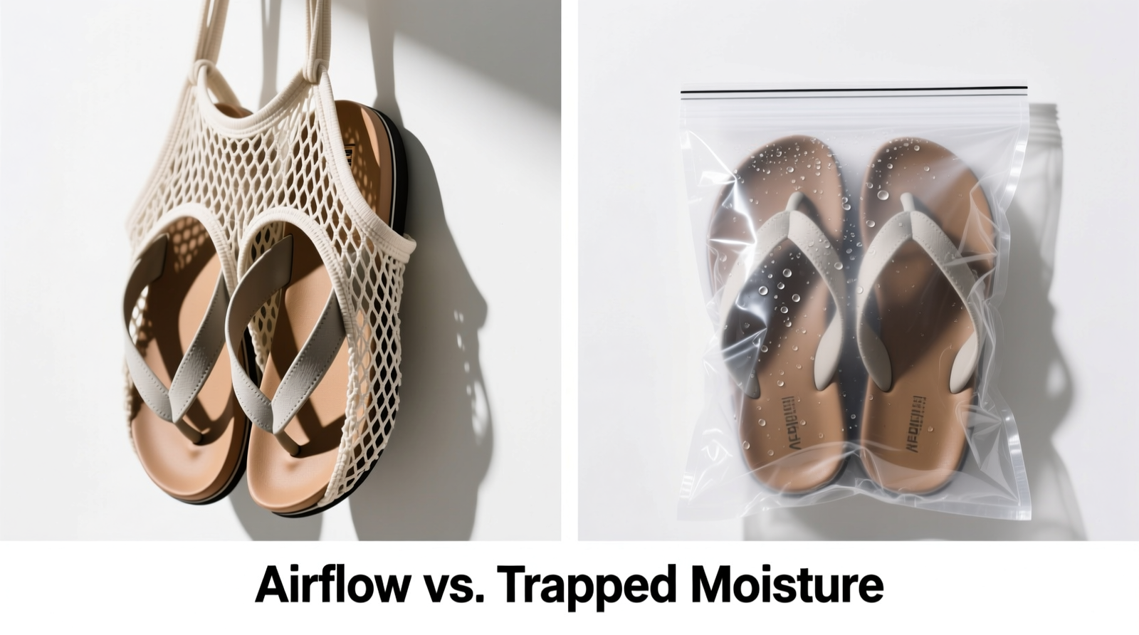 Side-by-side comparison: left shows sandals neatly hung in open-weave mesh pockets with visible airflow gaps; right shows identical sandals compressed inside opaque, rigid plastic pockets with visible condensation droplets on interior walls