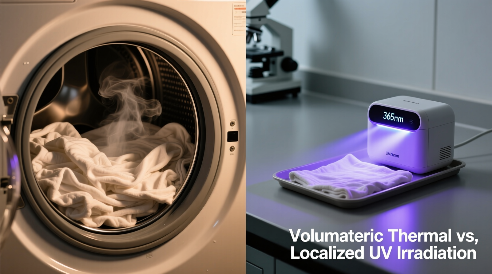 Side-by-side comparison: a washing machine drum filled with damp cotton sheets next to a compact UV sanitizer unit with visible light emission, highlighting the difference between volumetric thermal treatment versus localized surface irradiation