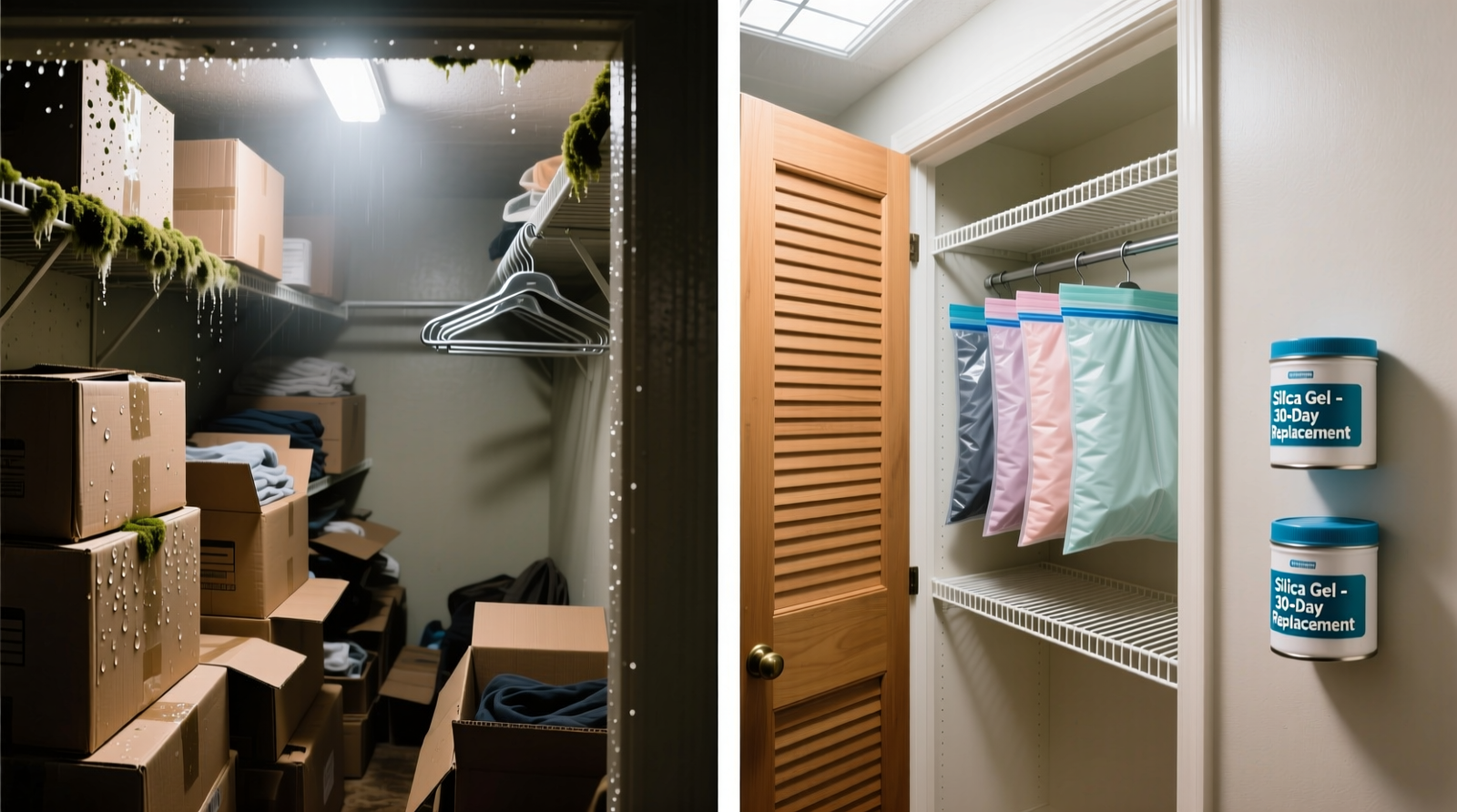Side-by-side comparison: left shows a cluttered basement closet with damp cardboard boxes and visible condensation on metal hangers; right shows an organized closet with louvered door, corrugated plastic shelves, vacuum-sealed garment bags, and labeled silica gel canisters mounted at eye level