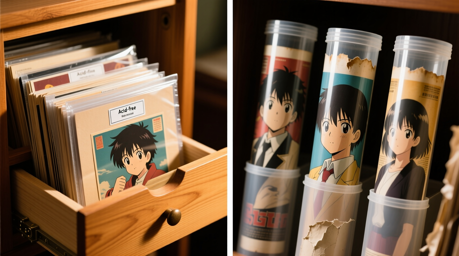 Side-by-side comparison: left shows a stack of anime posters in rigid, labeled archival sleeves between acid-free mat boards inside a shallow cedar-lined drawer; right shows three curled posters partially extruded from plastic tubes with visible edge abrasion and subtle curl memory