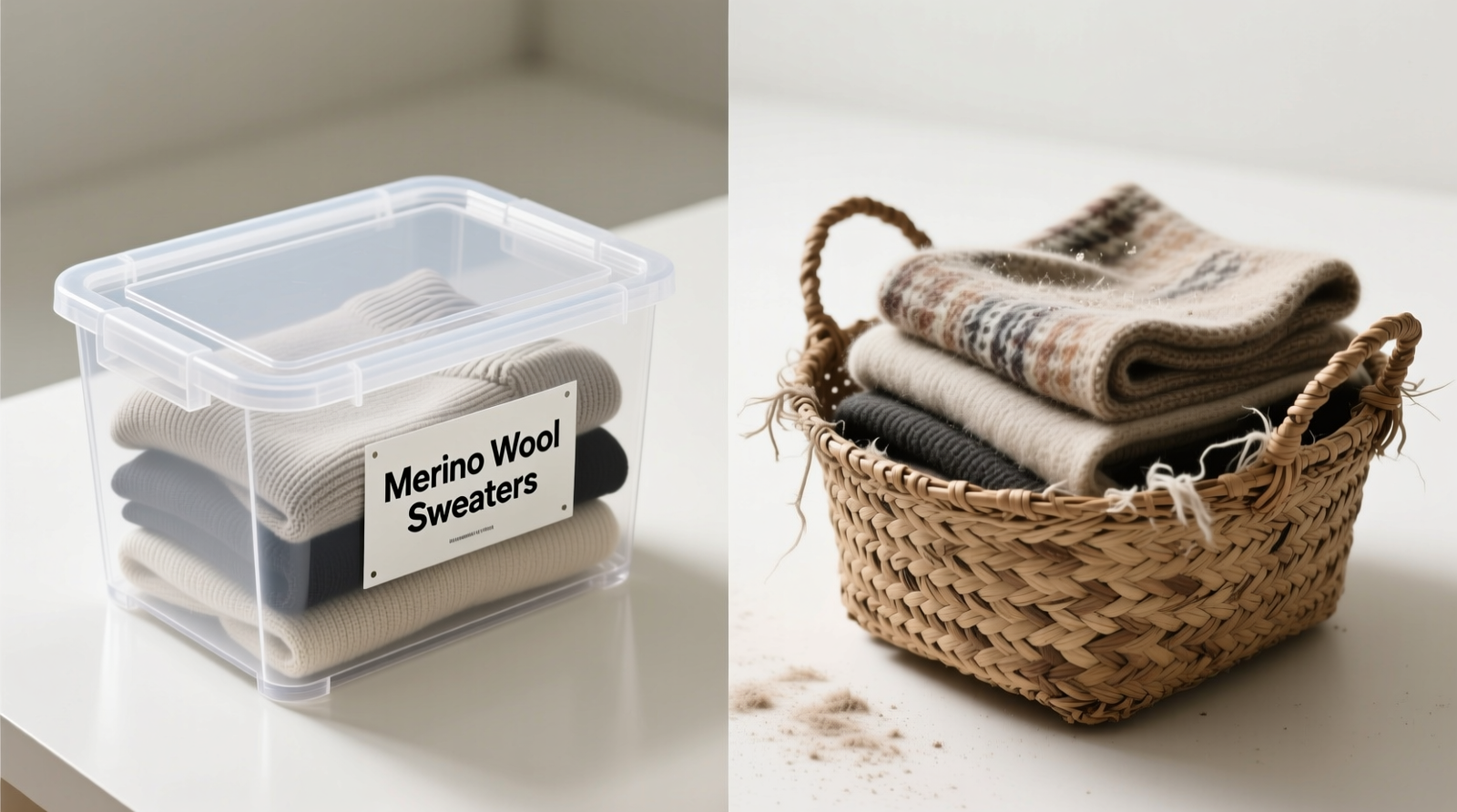 Side-by-side comparison: left shelf with clear acrylic drawer units showing visible dust lines on top edges; right shelf with natural-toned woven seagrass baskets where dust is indistinguishable from fiber texture under ambient closet lighting