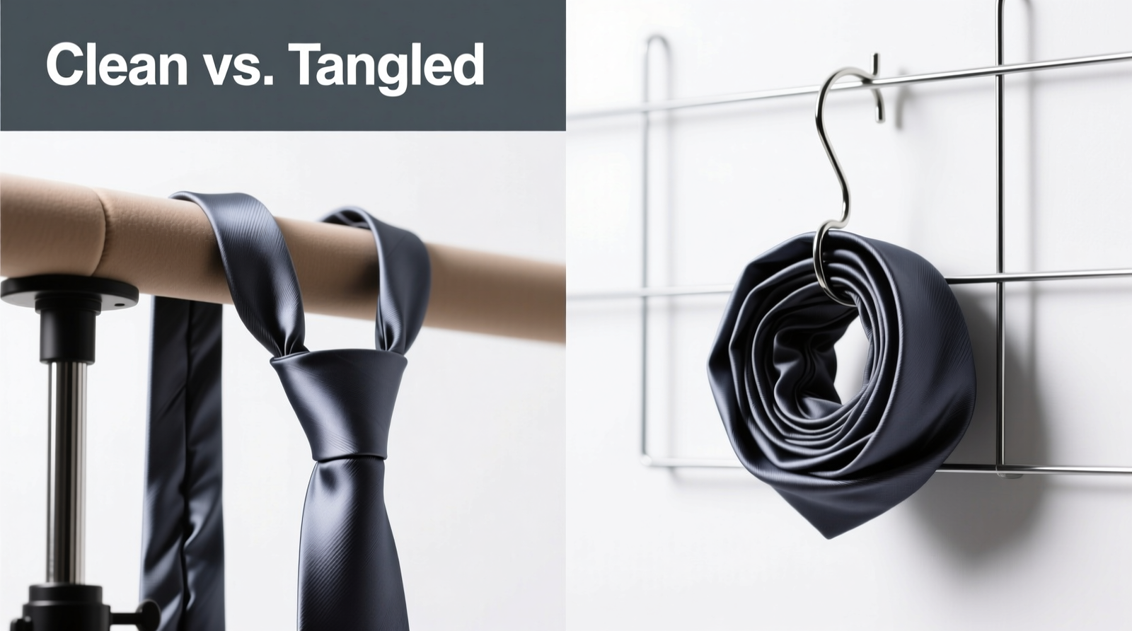Side-by-side comparison: slim necktie hanging cleanly on padded, angled arm of rotating rack versus same tie twisted and bunched on narrow metal hook of hanging grid