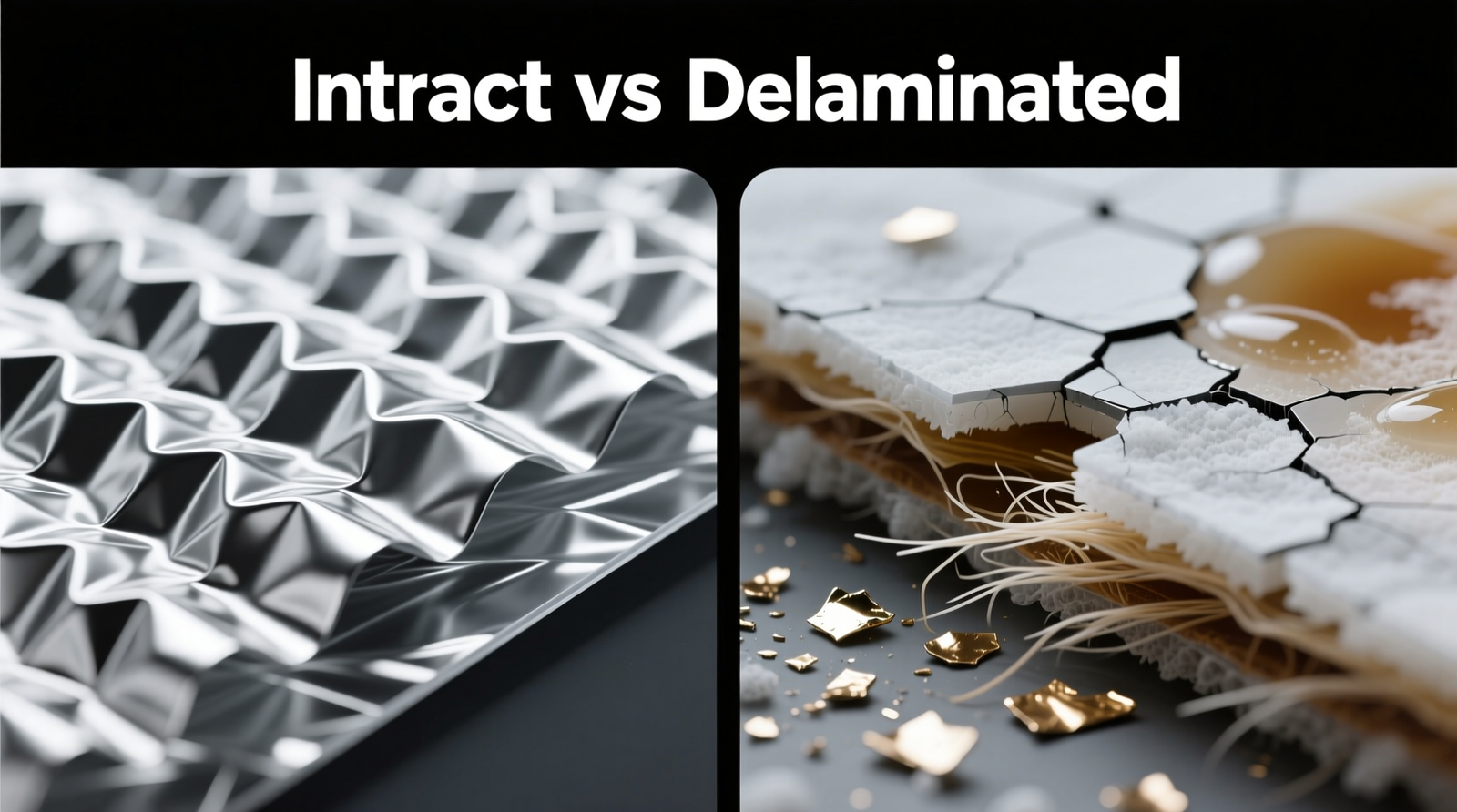 Side-by-side macro photos: left shows intact crinkle film layer under magnification; right shows delaminated, cloudy film after vinegar exposure—highlighting microscopic separation between polyester base and metallized coating