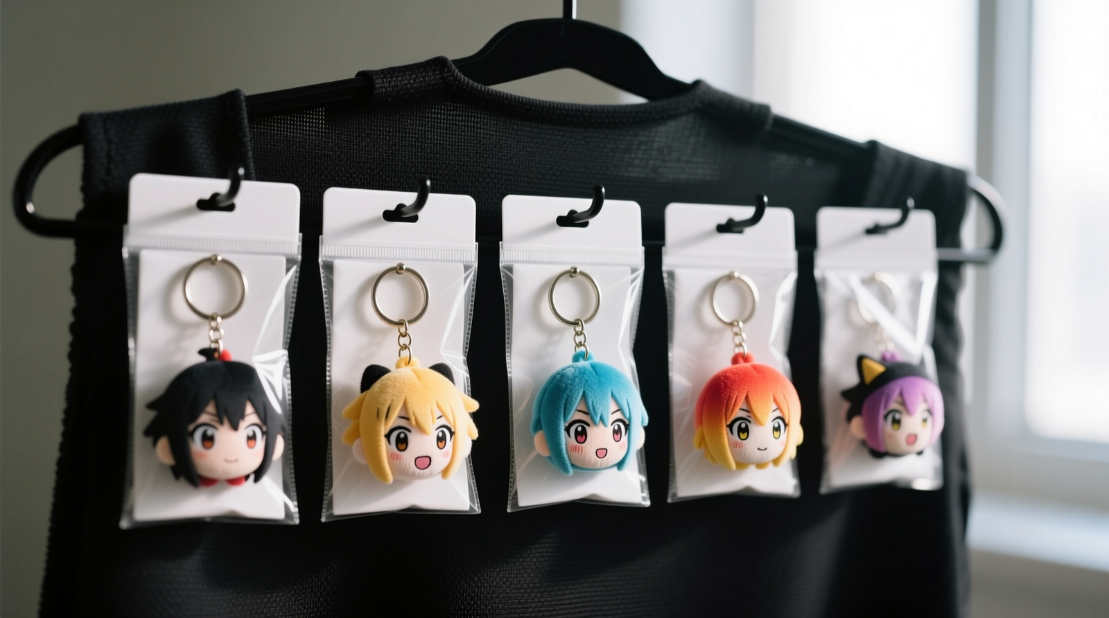 Close-up photo showing five anime plush keychains individually sleeved in crisp white acid-free paper, hanging vertically on a matte black non-woven hanger with visible 1.5-inch spacing between each sleeve—no chains touching, no fabric overlap, natural north-facing window light in background