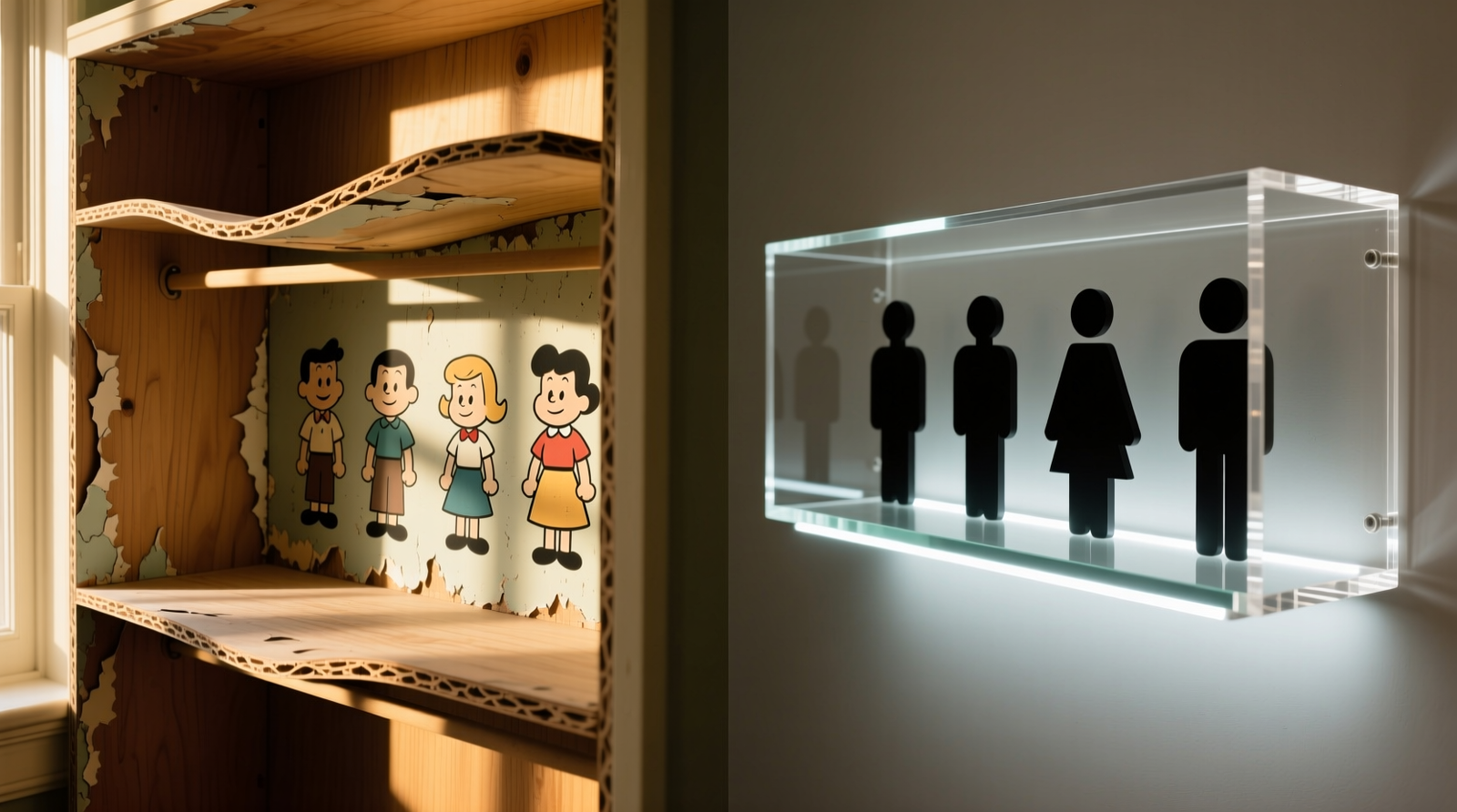 Side-by-side comparison: left shows warped particleboard closet shelf with faded figures under window light; right shows rigid acrylic shelf with UV-filtered LED strip, figures evenly spaced and angled away from direct sunlight