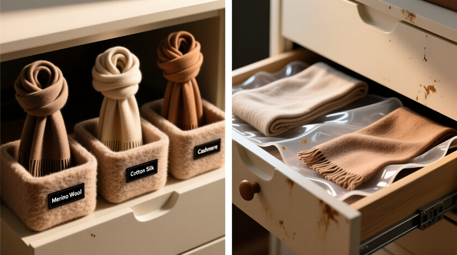 Side-by-side drawer comparison: left side shows scarves upright in custom-cut wool-blend felt inserts with labeled fabric zones; right side shows same scarves flattened and sliding over a worn silicone liner with visible bunching at drawer front
