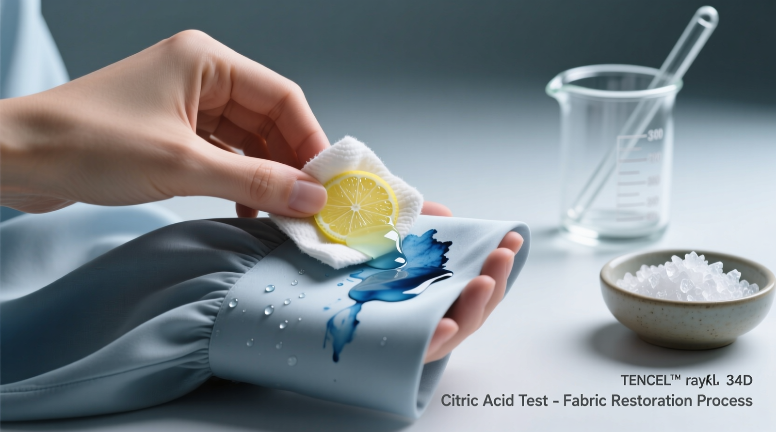Close-up photo of a hand applying chilled citric acid solution to a faint blue ink transfer on a matte-textured TENCEL™ rayon blouse sleeve, using a folded organic cotton pad; background shows a glass measuring spoon and a small ceramic bowl with crystalline citric acid
