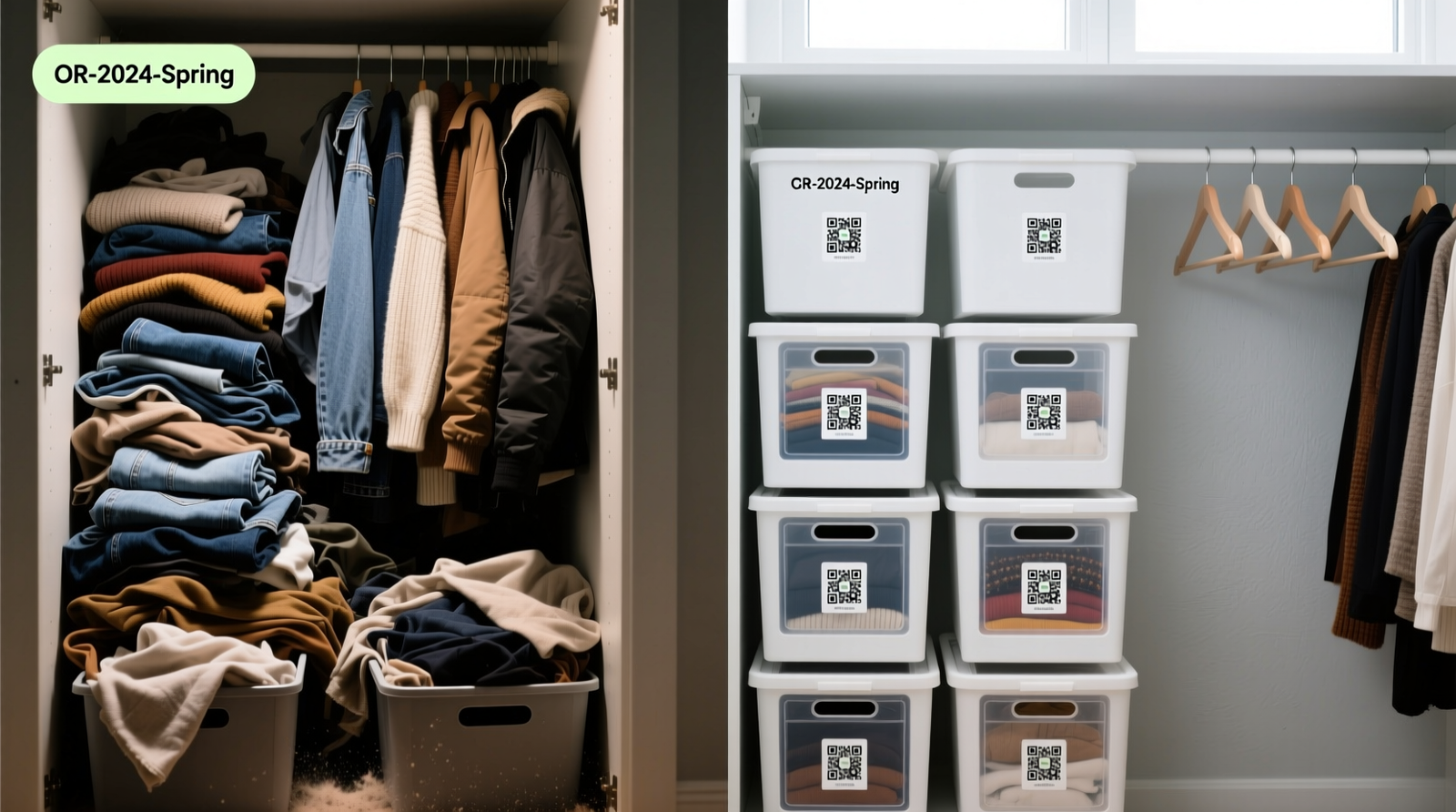 Side-by-side comparison: a cluttered closet with mixed seasons versus a streamlined closet where labeled, QR-coded bins sit beneath clearly tagged hangers—each bin contains only items logged in the app for that season