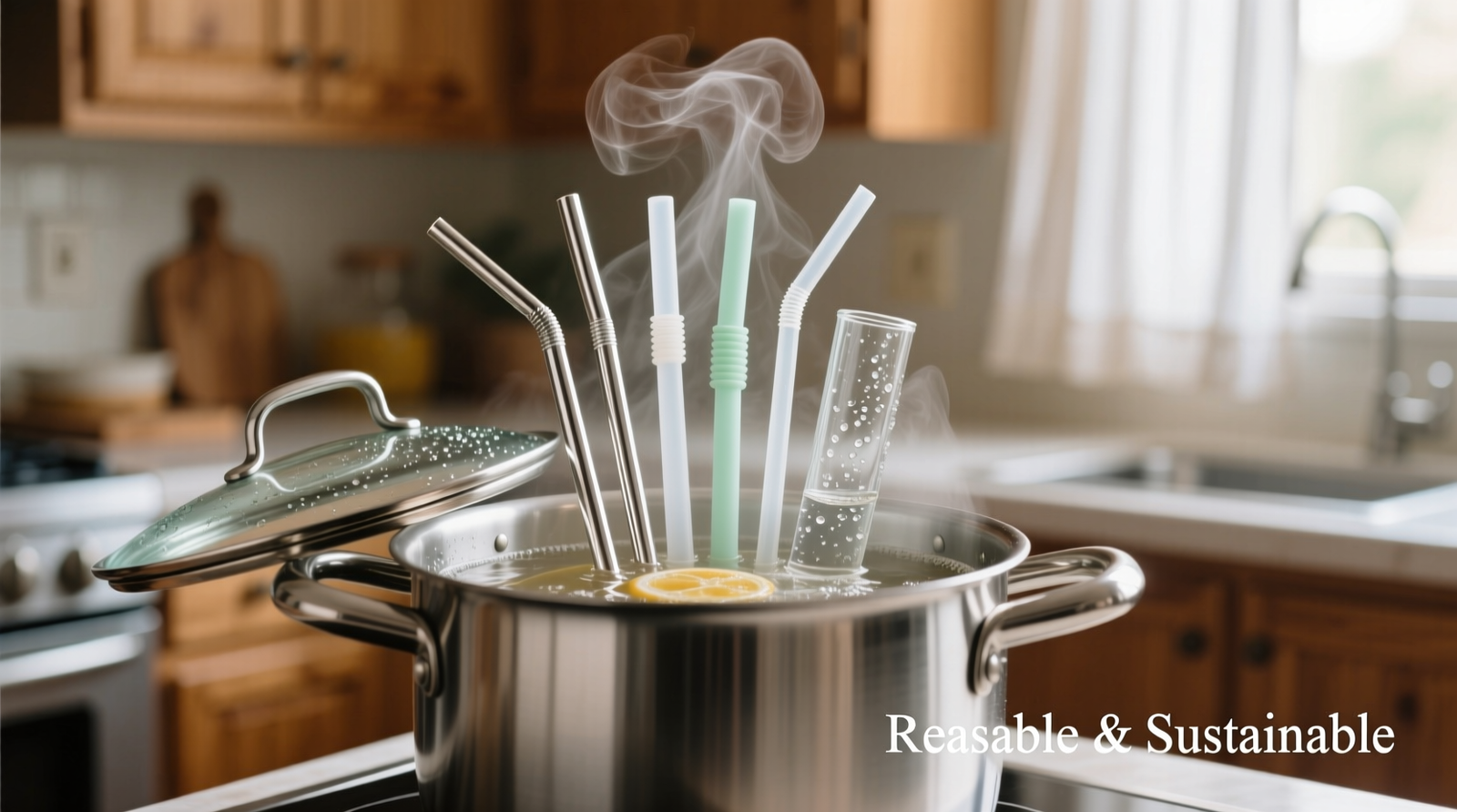 A stainless steel pot with gentle steam rising, holding six upright reusable straws—two stainless, two silicone, two glass—positioned vertically in simmering vinegar-water solution under a clear glass lid