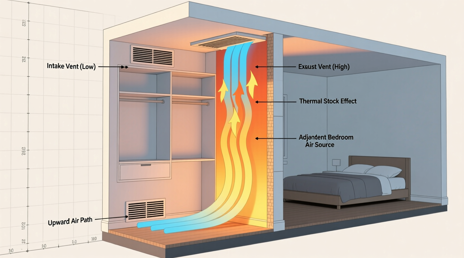 Cross-section diagram showing a closet with a low intake vent near the baseboard and a high exhaust vent aligned with ceiling-level airflow from an adjacent bedroom, illustrating thermal stack effect moving warm, moist air upward and out