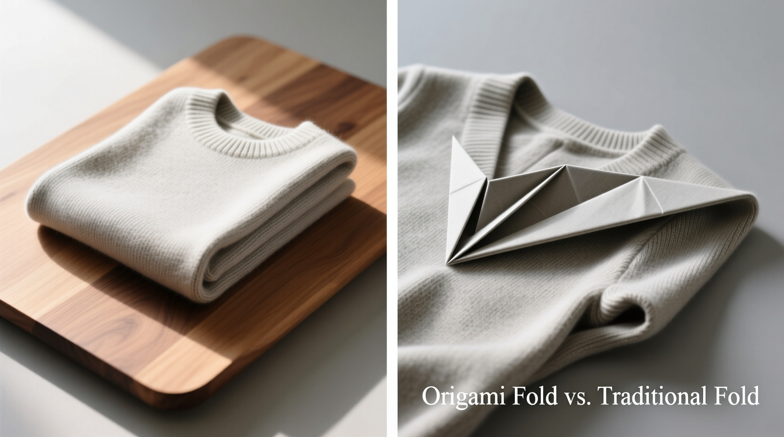 Side-by-side comparison: left shows a cashmere sweater folded on a beechwood board with clean 90-degree angles; right shows the same sweater folded via origami with visible diagonal tension lines and puckered underarm seam