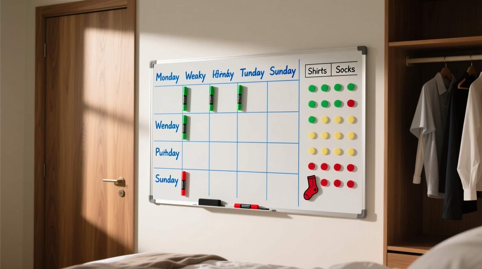 Close-up of a matte-finish whiteboard mounted beside a minimalist closet, showing clearly labeled weekly outfit slots in blue/green/red dry-erase markers and a separate laundry status grid with green/yellow/red dots next to garment categories