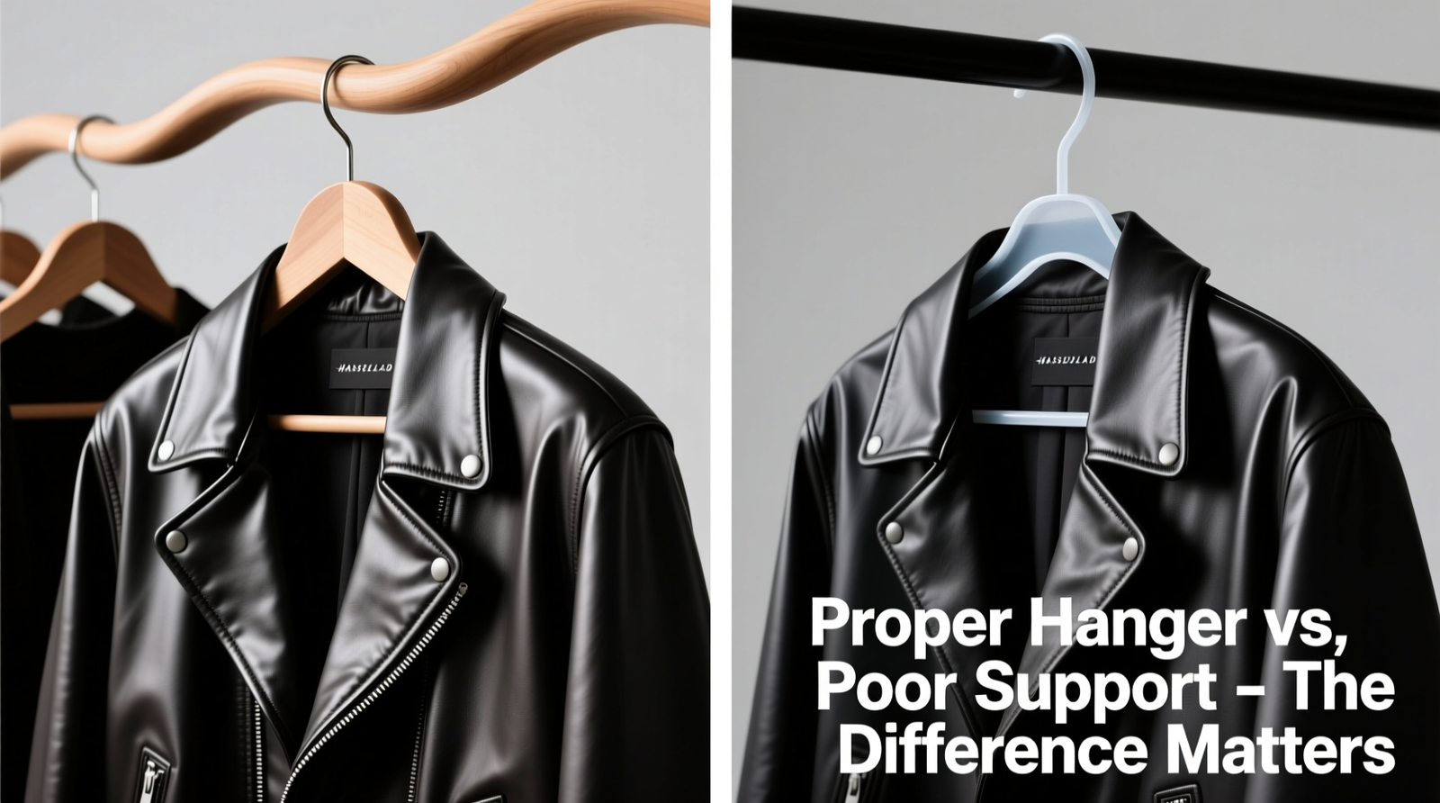 Side-by-side comparison: left shows a leather jacket properly suspended on a wide contoured hanger with 1.5-inch clearance from adjacent garment; right shows same jacket compressed on a narrow plastic hanger with visible shoulder dimpling and lapel curl