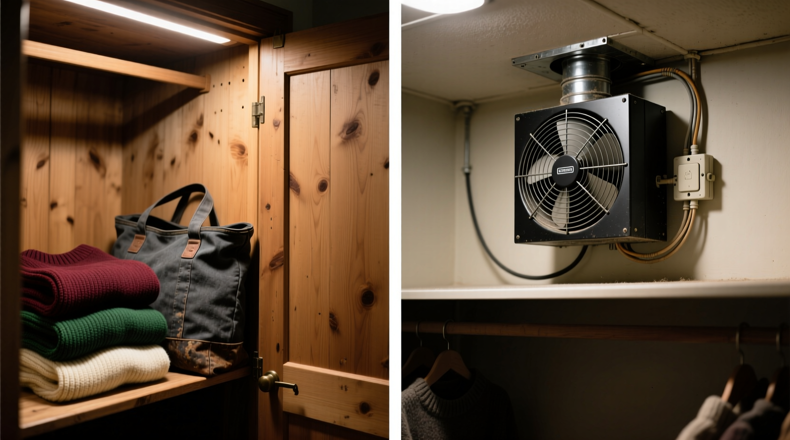 Side-by-side photo: left shows charcoal bag nestled between folded sweaters in a dark wooden closet; right shows a small ventilation fan mounted high on a closet ceiling with no duct visible, wires trailing into wall