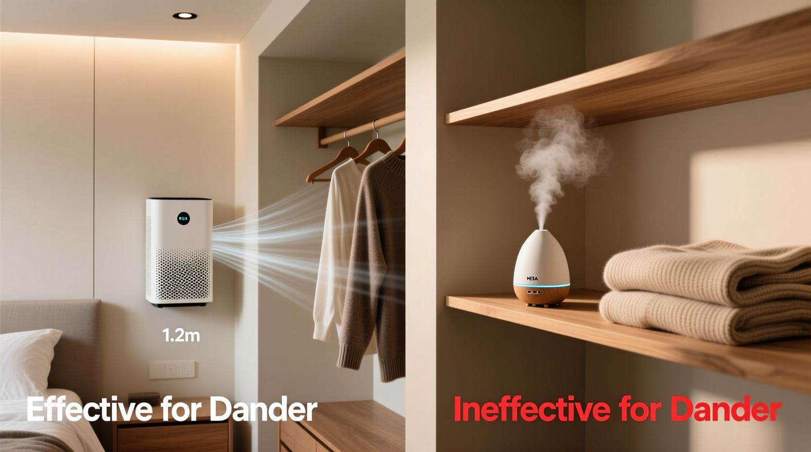 Side-by-side closet setup: left shows compact HEPA purifier mounted at mid-height with airflow directed toward hanging clothes; right shows ultrasonic diffuser on shelf emitting visible mist near folded sweaters—labeled 'Ineffective for dander'