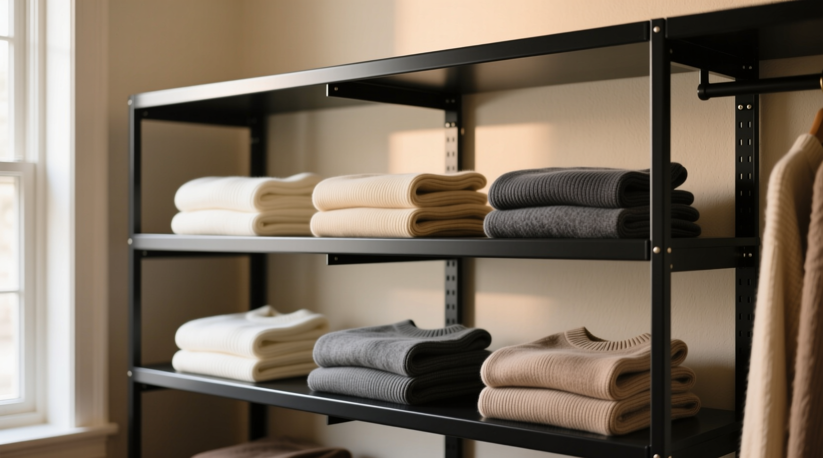 Side-view photograph of a custom closet with three-tiered, matte-black powder-coated steel shelf units holding neatly file-folded cashmere and merino sweaters in neutral tones—each folded unit visible, spaced evenly, with 2-inch air gaps between tiers