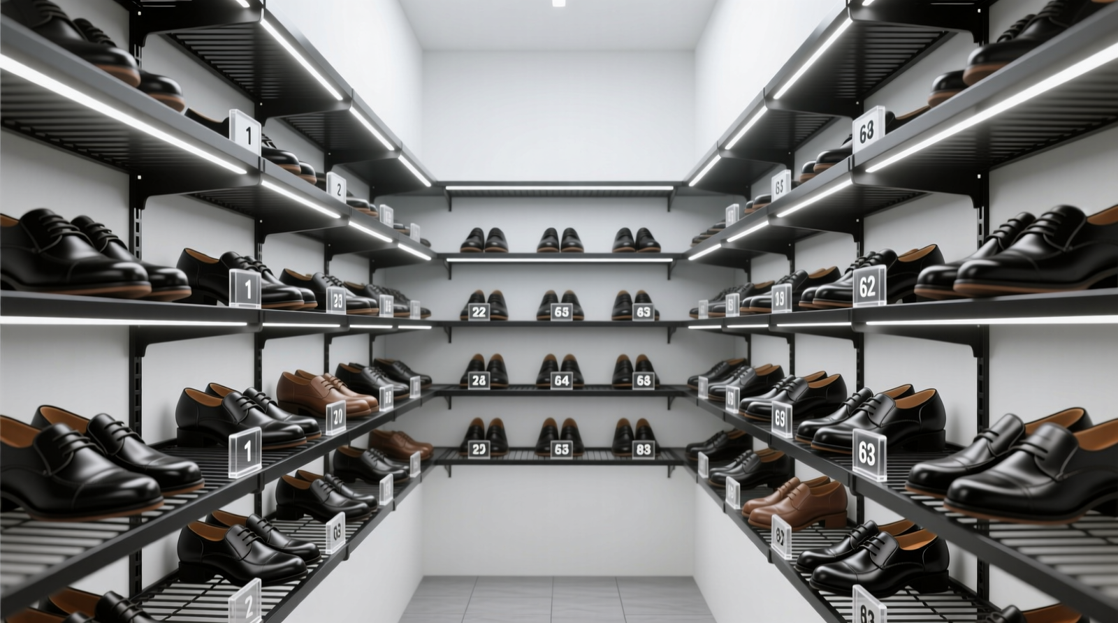 A narrow linen closet transformed into a shoe vault: floor-to-ceiling matte-black wire shelving with uniform 6-inch deep tiers, each holding one pair of shoes facing forward; soft white LED strips illuminate every row; small acrylic label holders display numbers 1–83 beneath each pair.