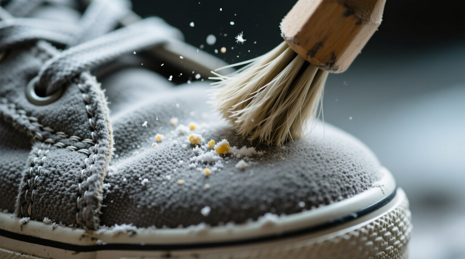 Close-up of hand brushing cornstarch off a gray suede sneaker toe using a fine-bristled suede brush, with visible nap lifting and no residue