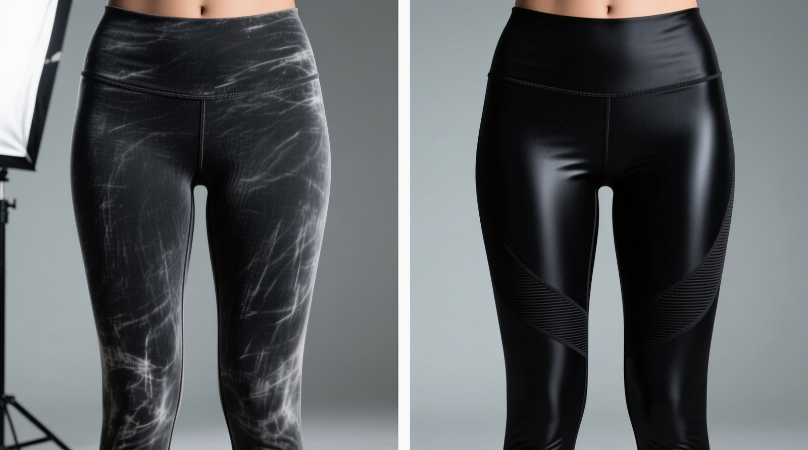 Side-by-side comparison of faded black leggings before and after 5-minute vinegar soak: left shows chalky, washed-out appearance; right shows restored depth and subtle sheen, with identical lighting and no digital enhancement